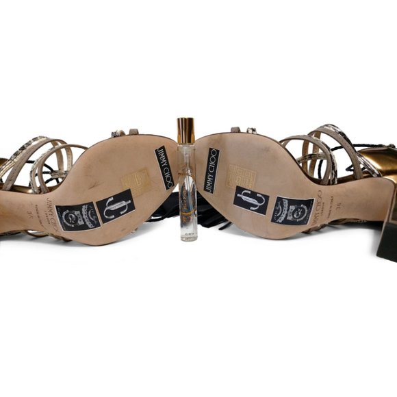 Jimmy Choo Diamond 100 Gold Black Leather Size 36 EU 6 US Strappy Sandals - Picture 2 of 12